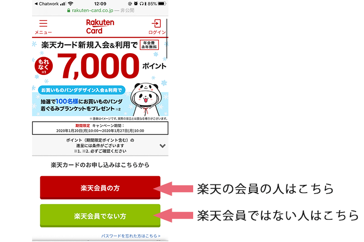 楽天カードの申し込みフォームのキャプチャ